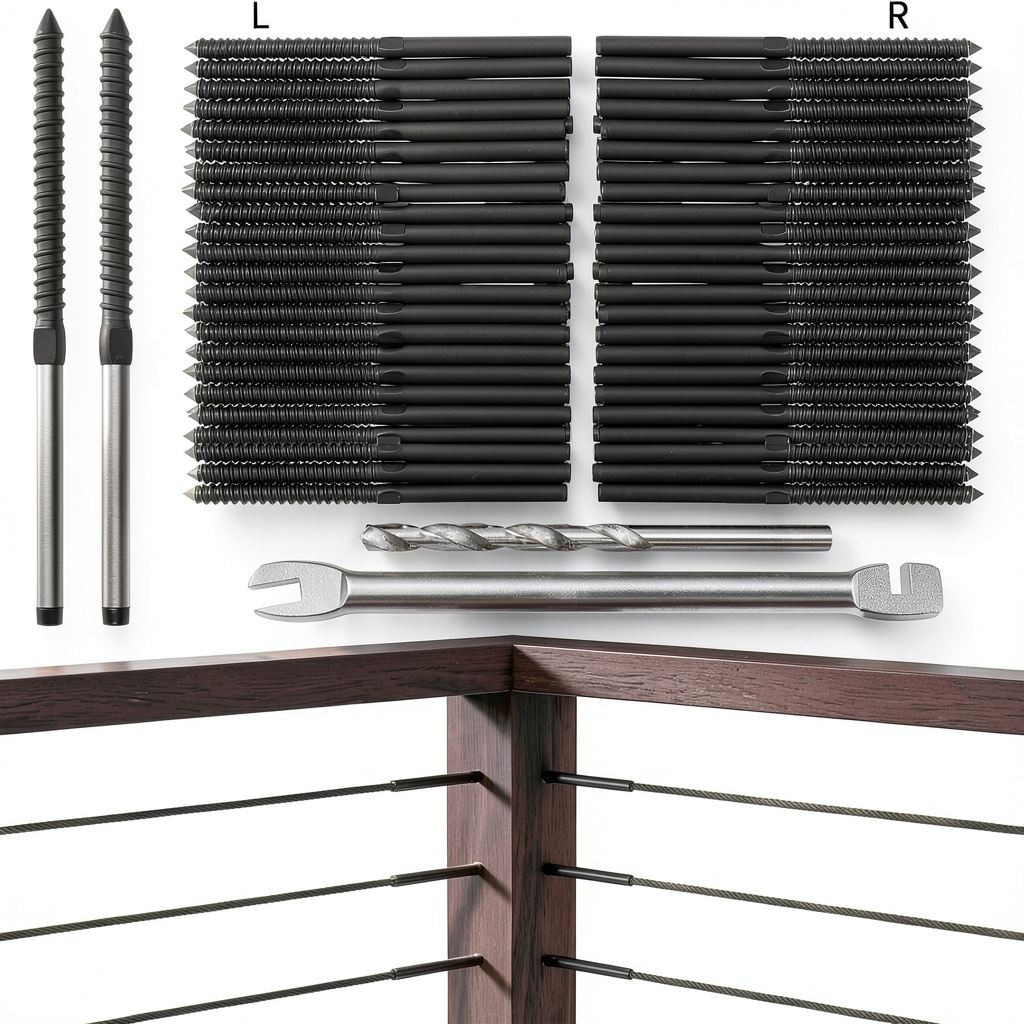 'CELYND black swage lag screws installed on a wooden deck railing'