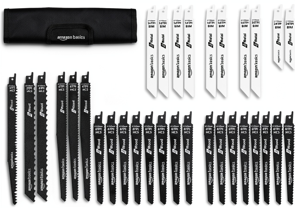 Installing Reciprocating Saw Blade Set Amazon Basics 32-Piece CRV Steel Organizer on a wooden desk